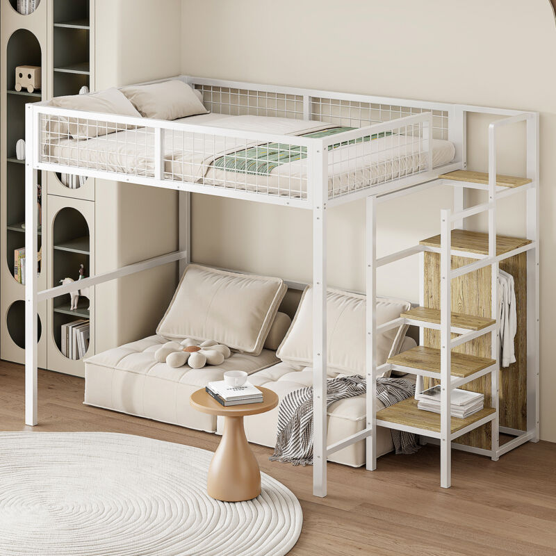 foto del prodotto letto a soppalco 140200 con scaletta, letto per bambini con struttura in ferro e ripiano portaoggetti, armadio bianco vecchio sku ldb00198aak 