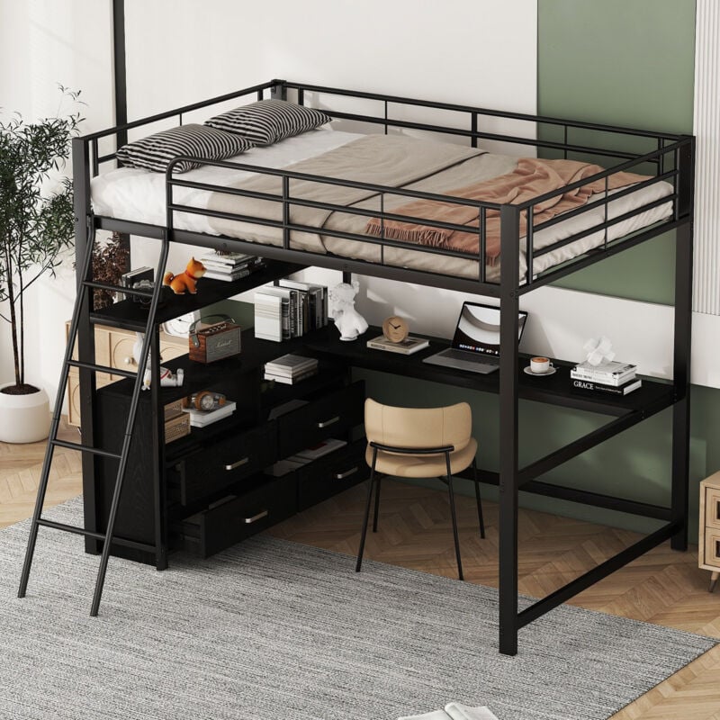 foto del prodotto letto a soppalco, 140200cm, letto con struttura in ferro, cassetti pratici, elegante scrivania a l, design laminato, senza materasso, nero