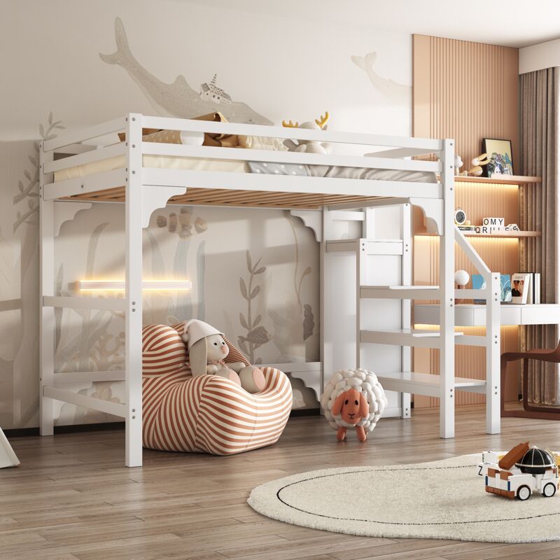 foto del prodotto letto a soppalco 140x200cm - con armadio, con scaletta, rete a doghe, contenitore, barriera di sicurezza, letto per adulti per adolescenti - bianco