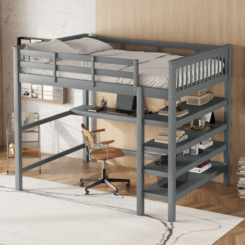 foto del prodotto letto a soppalco 140x200cm, letto per bambini con scrivania sotto il letto ripiano portaoggetti, senza materasso, grigio