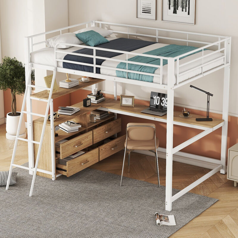 foto del prodotto letto a soppalco 140x200cm, letto per bambini, letto con struttura in ferro, scrivania a l con cassetto, anticaduta, bianco