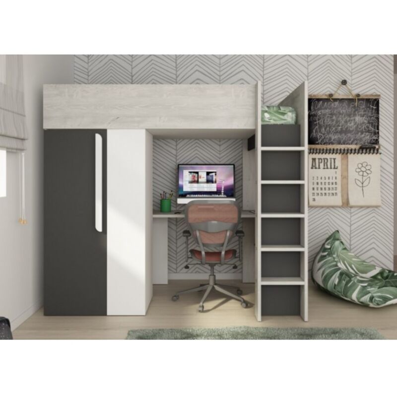 foto del prodotto letto a soppalco 205x183 cm con armadio e scrivania nero grafite, bianco opaco e rovere armenia