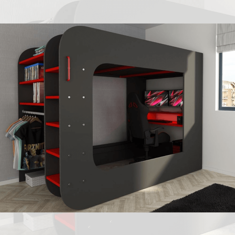 foto del prodotto letto a soppalco 5000 con postazione gamer antracite rosso effez