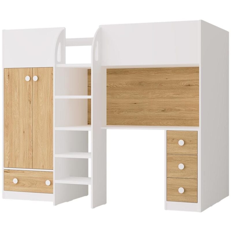 foto del prodotto letto a soppalco 90 x 190 cm con armadio e scrivania bianco e naturale cinamo