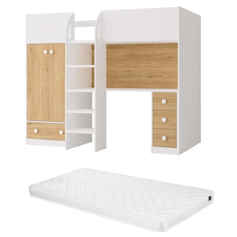 foto del prodotto letto a soppalco 90 x 190 cm con armadio e scrivania bianco e naturale + materasso - cinamo