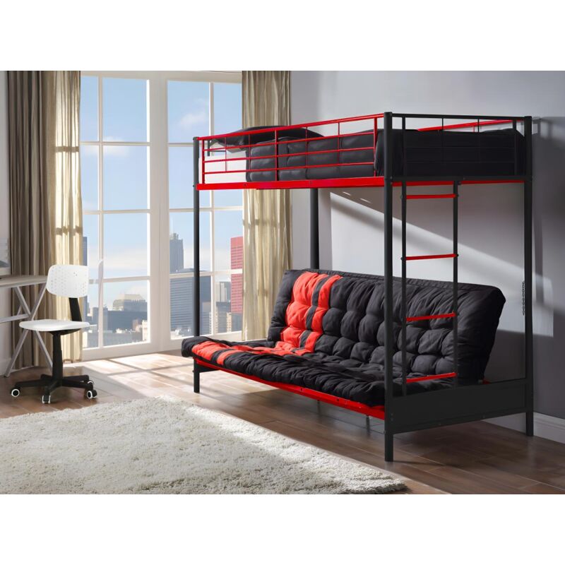 foto del prodotto letto a soppalco 90 x 190 cm con divano letto metallo nero e rosso futon - modulo v