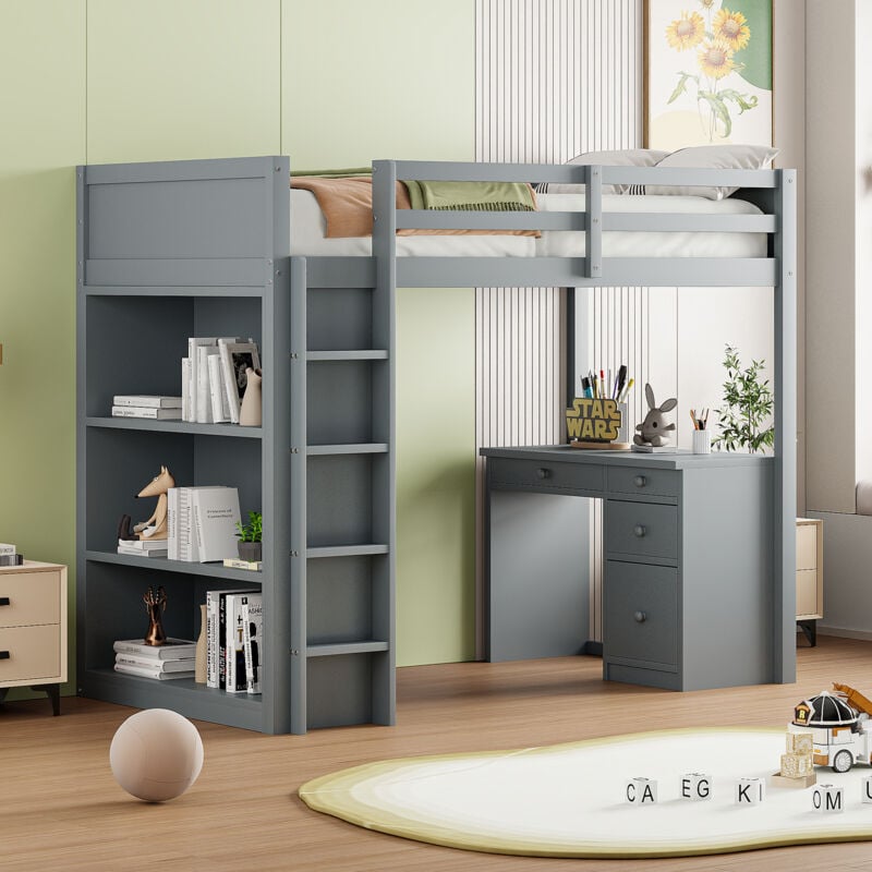 foto del prodotto letto a soppalco 90 x 200 cm con armadietti e tavolo per computer, letto a soppalco multifunzionale per bambini in legno grigio