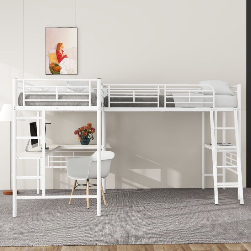 foto del prodotto letto a soppalco 90 x 200 cm, due letti a castello con tavolino sotto il letto, doppia scala, ringhiera alta, bianco