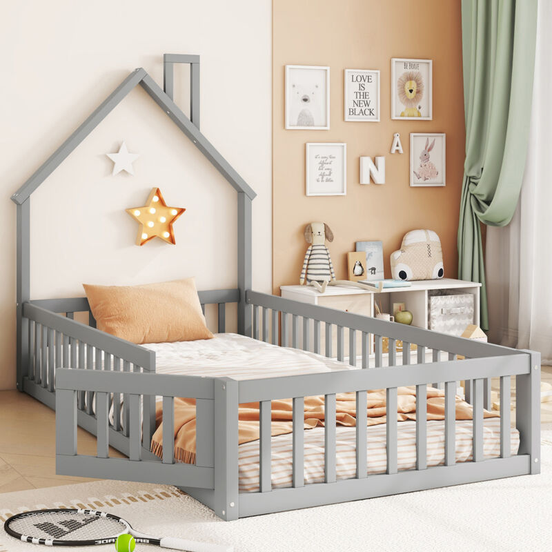 foto del prodotto letto a soppalco 90 x 200 cm, lettino per bambini a forma di caminetto, letto con rete a doghe senza materasso , legno di pino, stile minimalista,
