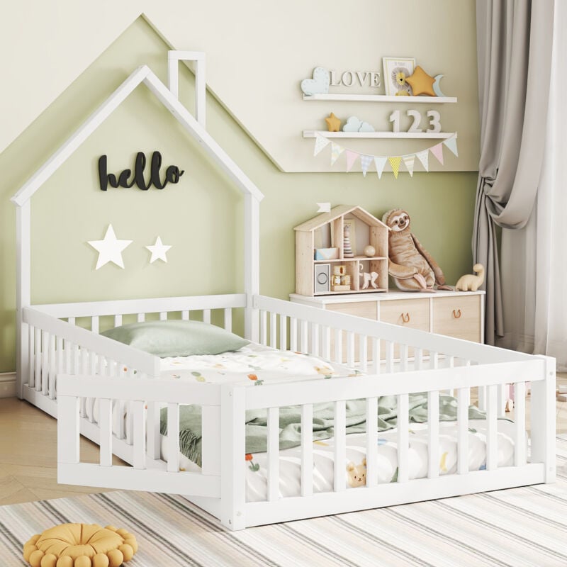 foto del prodotto letto a soppalco 90 x 200 cm, lettino per bambini a forma di caminetto, letto con rete a doghe (senza materasso), legno di pino, stile minimalista, bianco