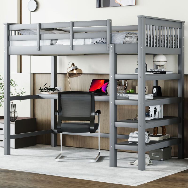 foto del prodotto letto a soppalco, 90 x 200, letto a soppalco per bambini con contenitore e scrivania sotto il letto, senza materasso, grigio