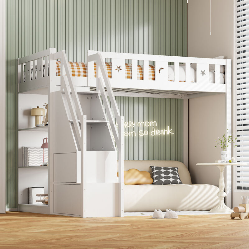 foto del prodotto letto a soppalco 90200 cm, con scala portaoggetti e ripiani, letto singolo in legno, letto per ragazzi, lettino per bambini, struttura in legno