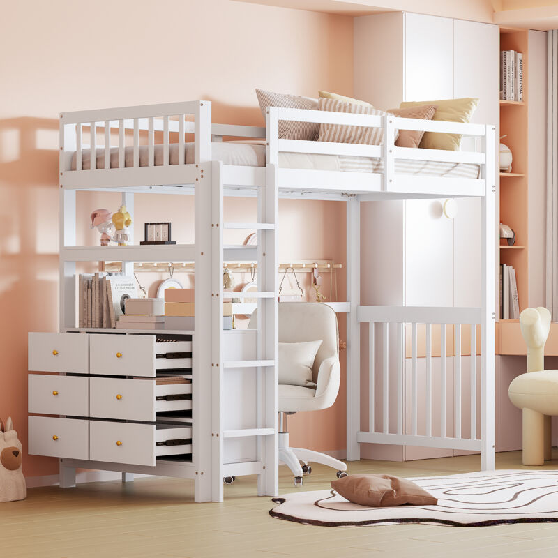 foto del prodotto letto a soppalco 90200 cm, scala di sicurezza verticale, cassetti e ripiani, design con recinzione alta, rete a doghe, letto in legno di pino, letto