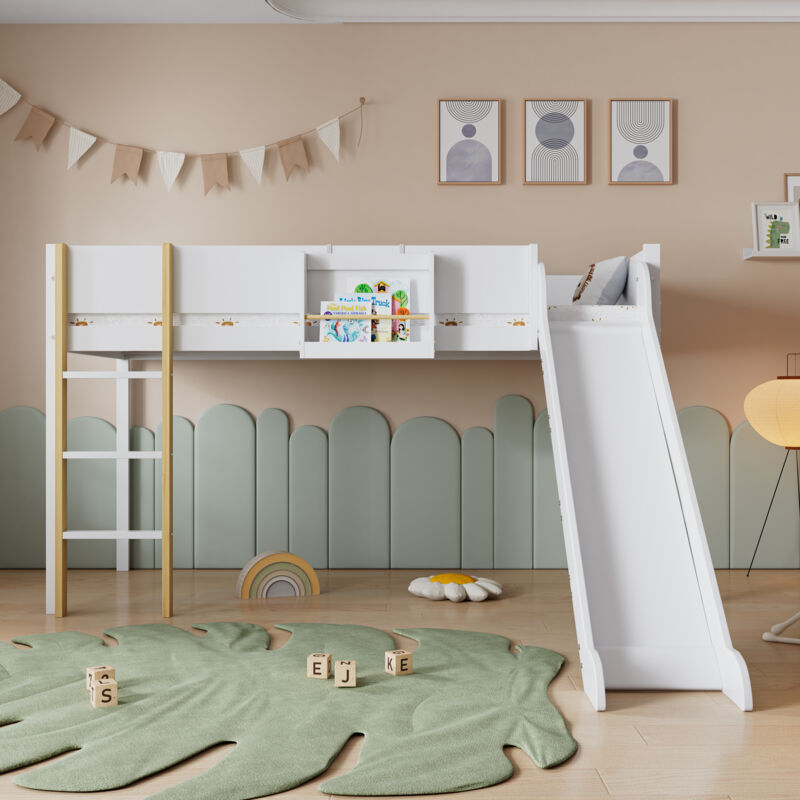 foto del prodotto letto a soppalco 90x200 cm con scaletta dritta a 3 gradini, letto a soppalco per bambini con scivolo, ripiano rimovibile, bianco e naturale