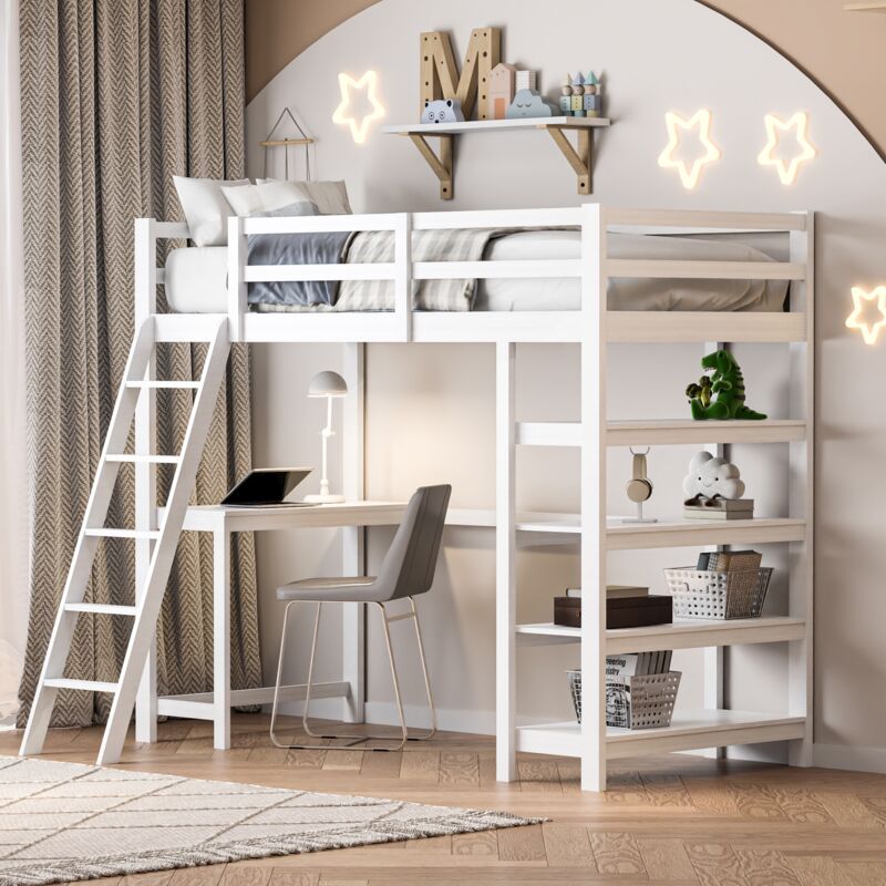 foto del prodotto letto a soppalco 90x200 cm, con tavolo e ripiani portaoggetti, scale, barriera di sicurezza, letto per bambini con rete a doghe, struttura letto in