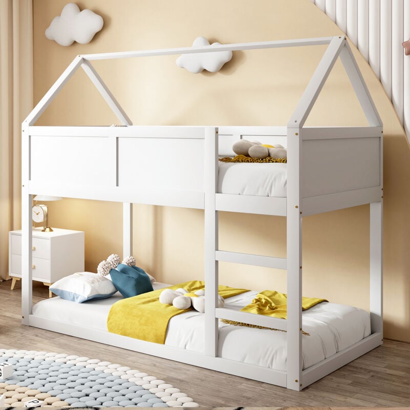 foto del prodotto letto a soppalco 90x200 cm, letto a castello con scaletta, struttura in legno massello, 1 rete inclusa, bianco
