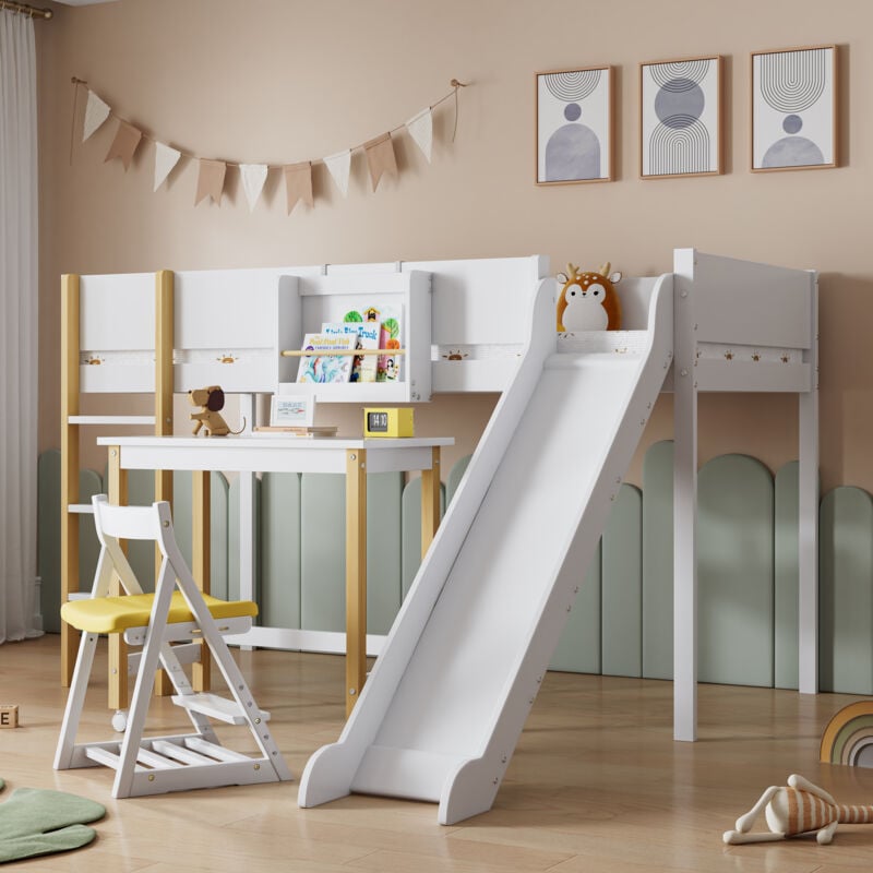 foto del prodotto letto a soppalco 90x200 cm, letto a castello con scivolo e tavolo, con scala a 3 gradini, lettino per bambini, ripiani rimovibili, pino mdf, bianco
