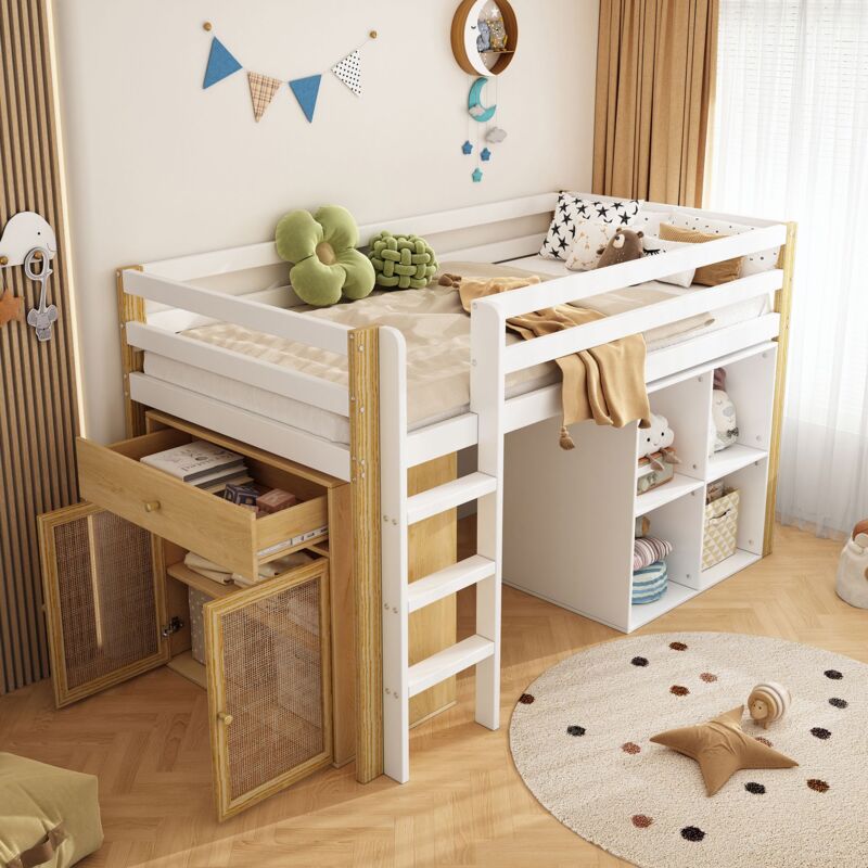 foto del prodotto letto a soppalco 90x200 cm, letto a soppalco per bambini con 2 armadietti e scaletta, struttura letto in legno, naturale e bianco
