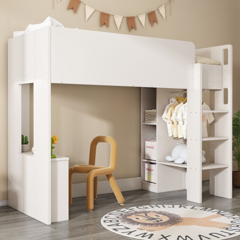 foto del prodotto letto a soppalco 90x200 cm, letto a soppalco per bambini, letto a soppalco per ragazzi con armadio, ripiani aperti e scale, bianco