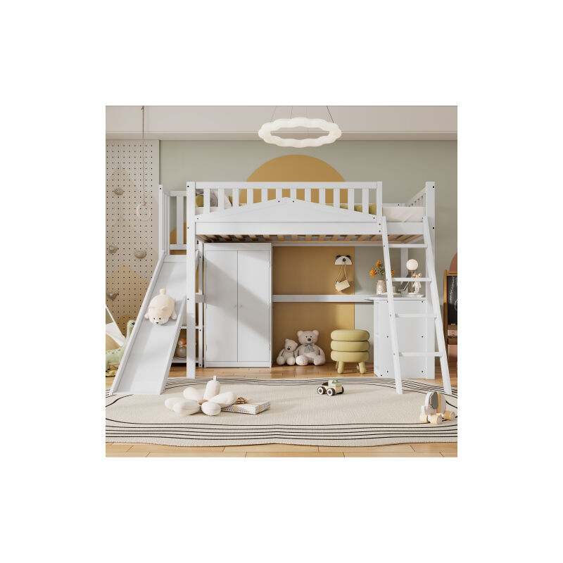 foto del prodotto letto a soppalco 90x200 cm, letto per bambini con rete anticaduta, scaletta, tavolo e armadio, in pino, bianco