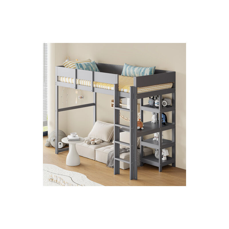 foto del prodotto letto a soppalco 90x200 cm, letto singolo con ripiano contenitore, sponda, struttura in pino massello, senza materasso, grigio