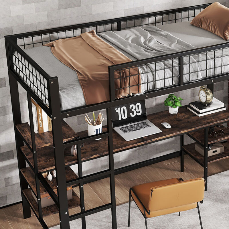 foto del prodotto letto a soppalco 90x200 cm letto singolo con tavolo, mensola e scaletta a quattro gradini, ferro, nero legno scuro