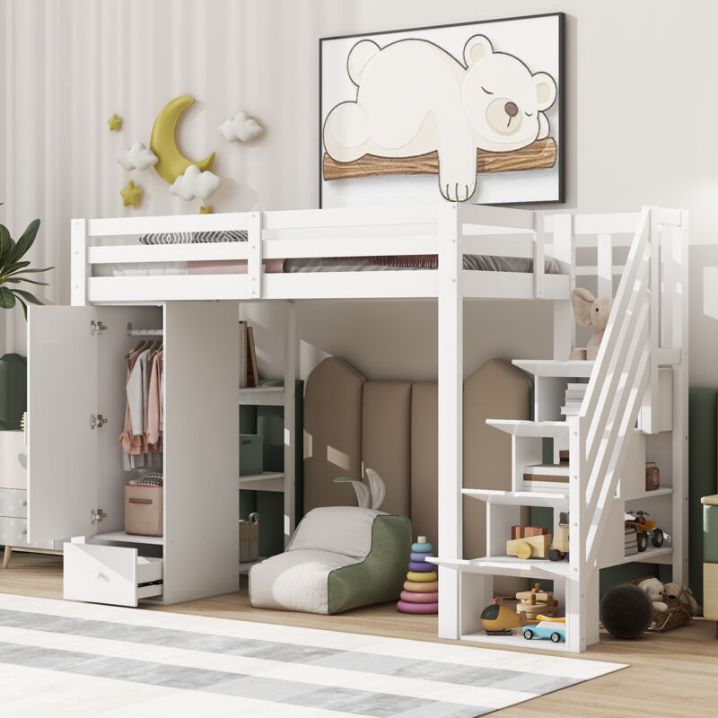 foto del prodotto letto a soppalco, 90x200 cm, senza materasso, balaustra, scala retrattile, cassetti, armadio, diversi ripiani, spazio liberamente combinabile in base