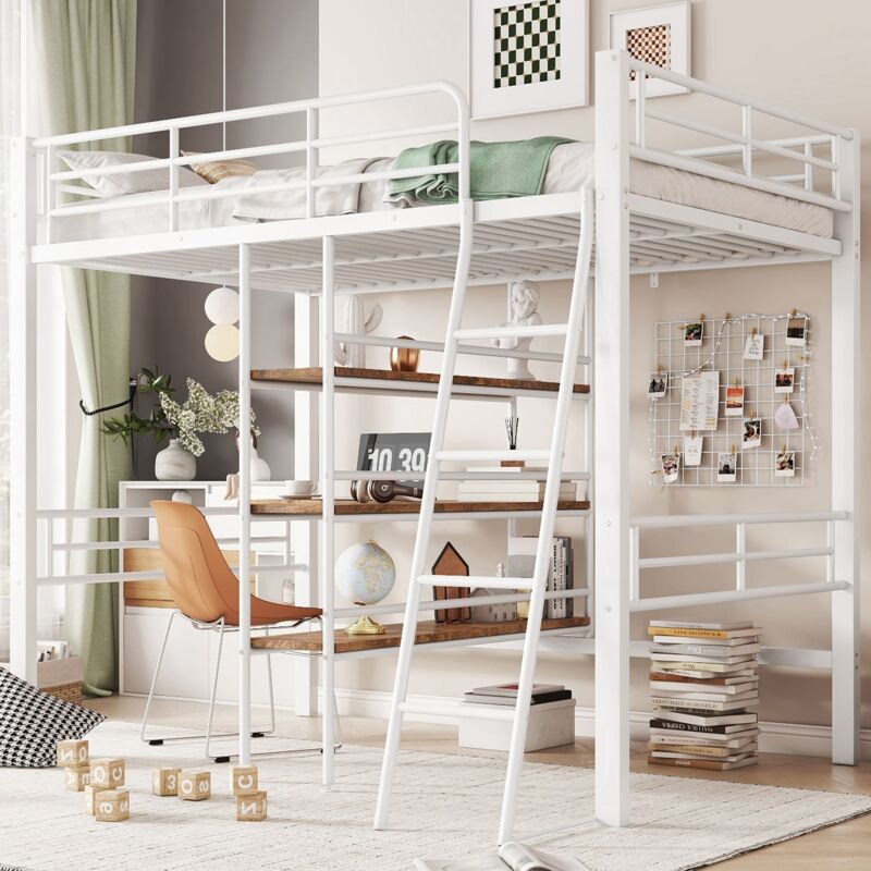 foto del prodotto letto a soppalco 90x200 cm, senza materasso, letto con scrivania, diversi ripiani, binari, scala bianco
