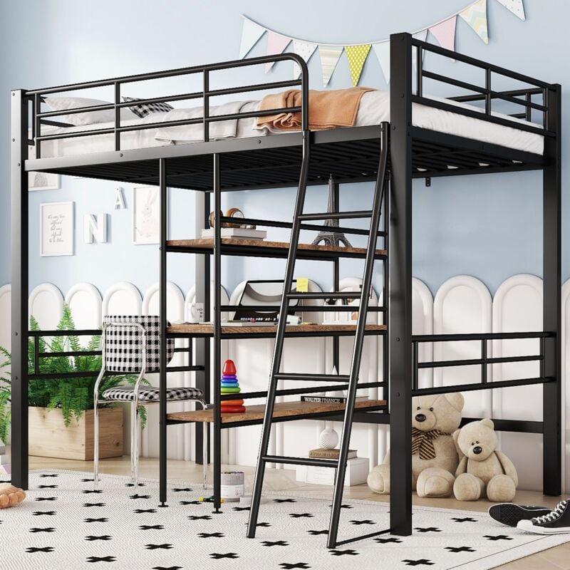 foto del prodotto letto a soppalco 90x200 cm, senza materasso, letto con scrivania, diversi ripiani, binari, scala nero