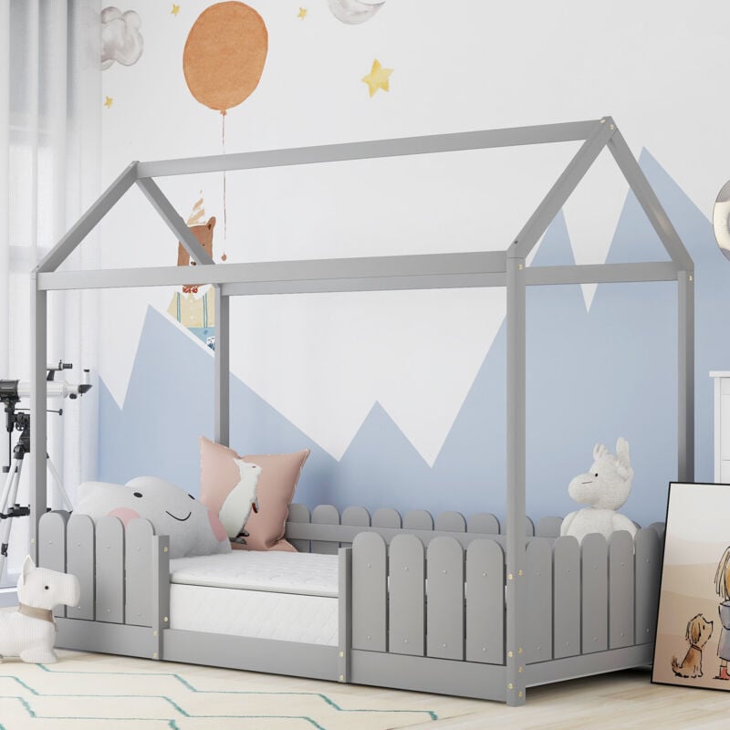 foto del prodotto letto a soppalco 90x200 cm versatile lettino in legno per ragazzi e ragazze con protezione anticaduta e rete a doghe grigio senza materasso 
