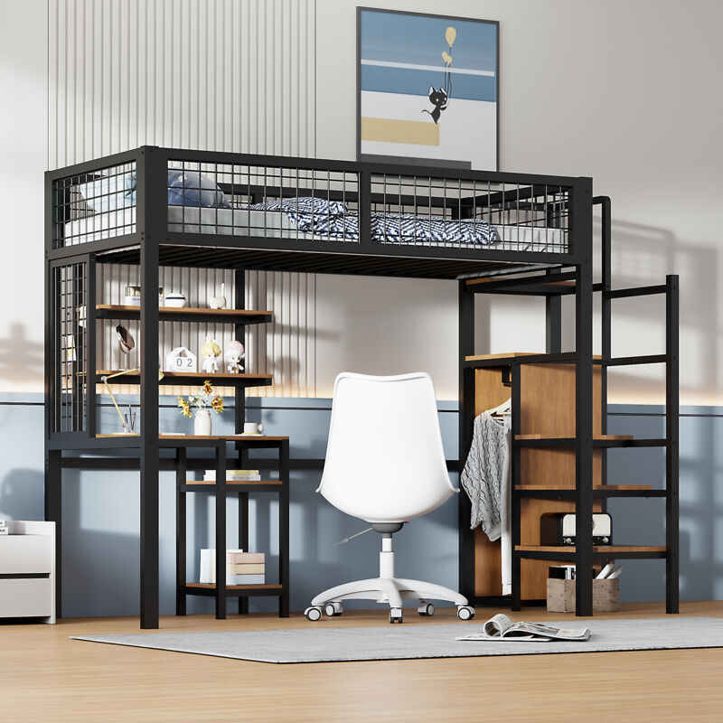 foto del prodotto letto a soppalco 90x200 con scaletta di sicurezza, lettino per bambini con armadio con struttura in ferro e tavolo porta computer nero
