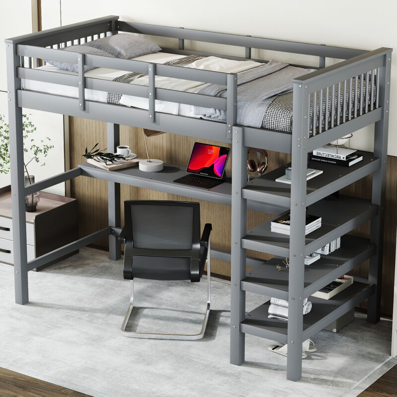 foto del prodotto letto a soppalco 90x200cm, letto per bambini con scrivania sotto il letto ripiano portaoggetti, senza materasso, grigio