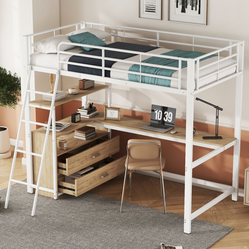 foto del prodotto letto a soppalco 90x200cm, letto per bambini, letto con struttura in ferro, scrivania a l con cassetto, anticaduta, bianco