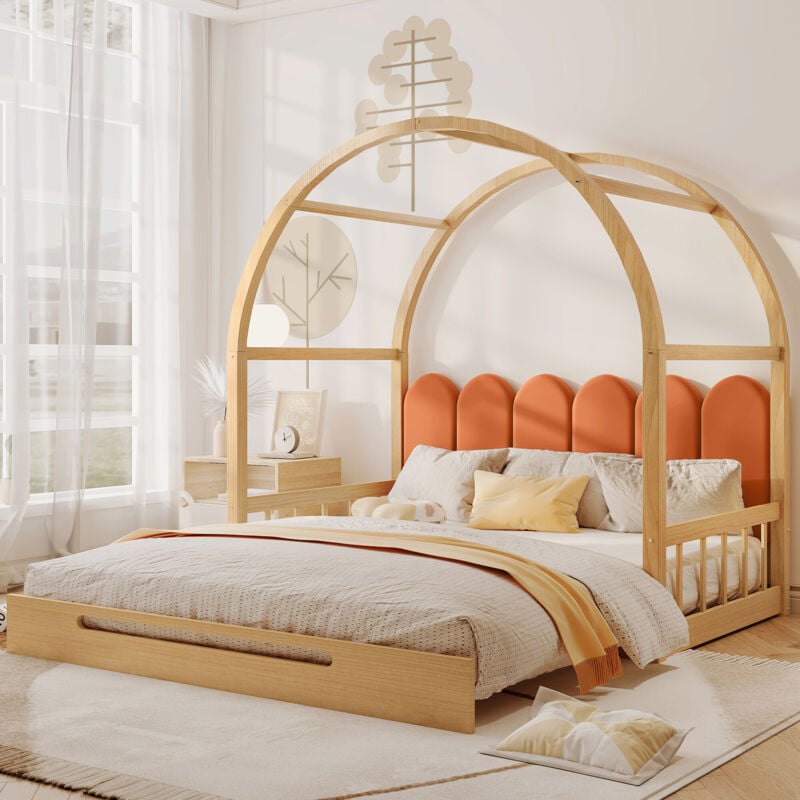 foto del prodotto letto a soppalco allungabile con tetto ad arco, cuscini in velluto, struttura in legno di pino, naturale arancione 140 x 100 cm 140 x 200 cm