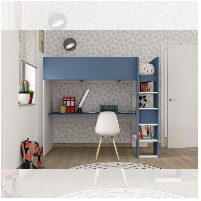 foto del prodotto letto a soppalco azzurro e bianco con scrivania 2276