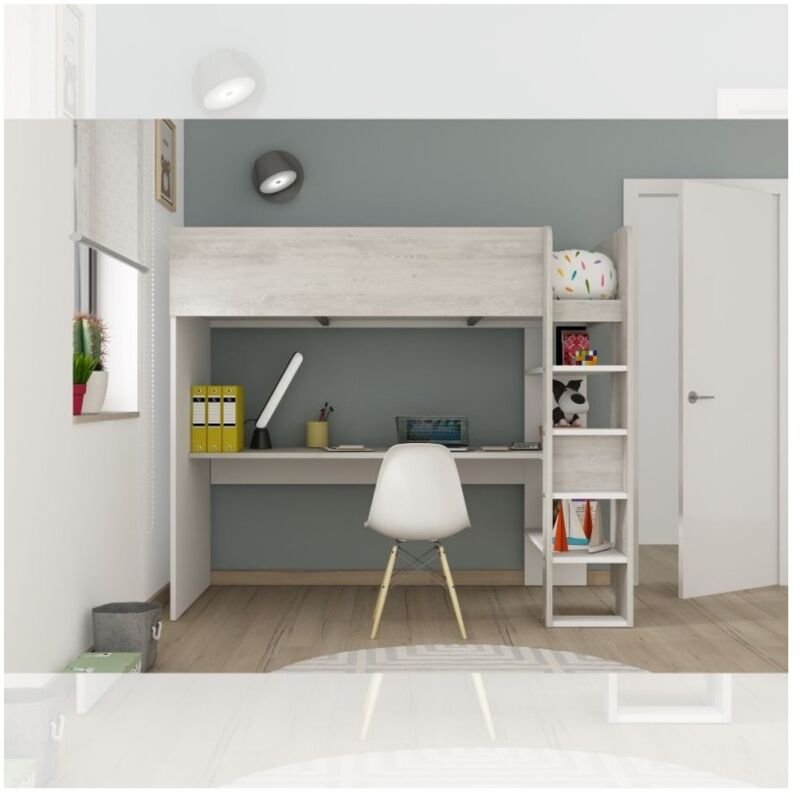 foto del prodotto letto a soppalco bianco consumato e bianco con scrivania 2278