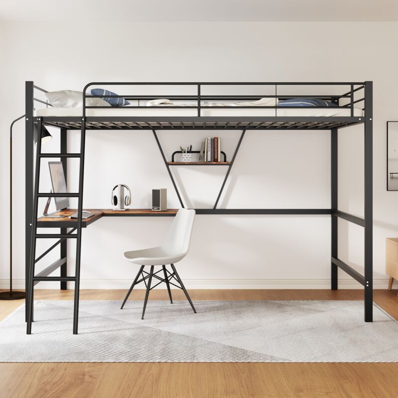 foto del prodotto letto a soppalco con scrivania a l, letto a soppalco per ragazzi 90x200 cm con ripiano, struttura in metallo, nero
