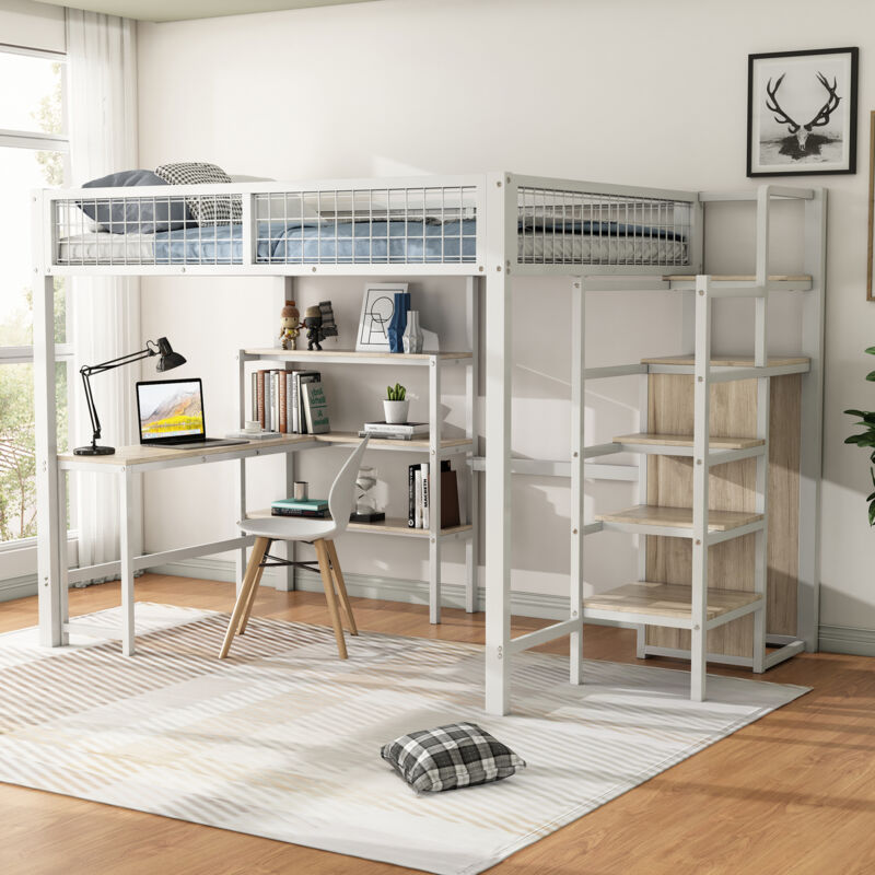 foto del prodotto letto a soppalco con scrivania, letto a soppalco 140x200 cm con ripiani, armadio a muro, struttura letto in ferro, bianco