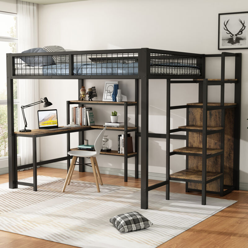 foto del prodotto letto a soppalco con scrivania, letto a soppalco 140x200 cm con ripiani, armadio a muro, struttura letto in ferro, nero