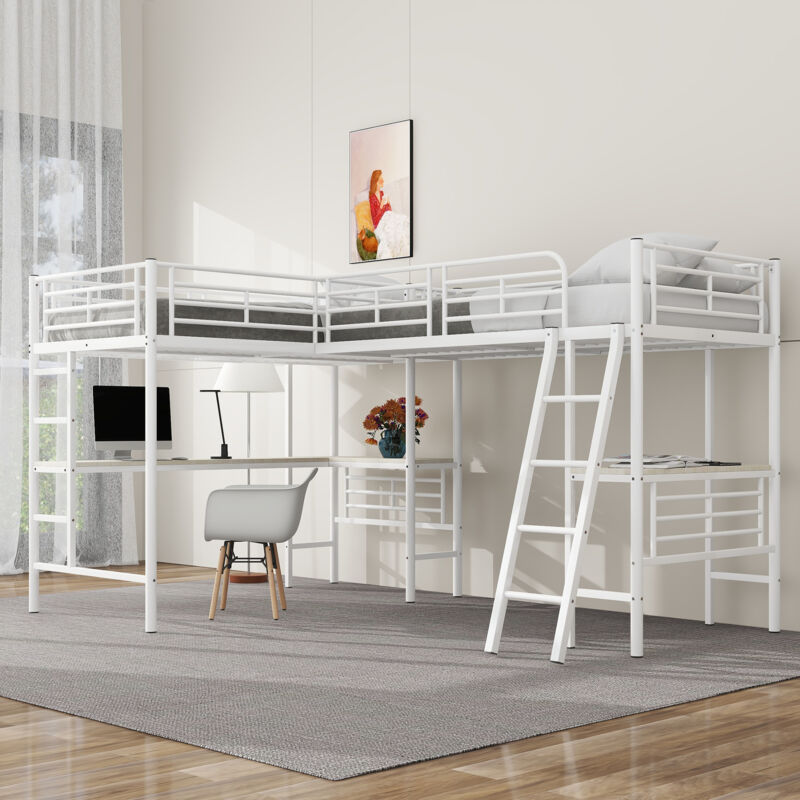 foto del prodotto letto a soppalco con scrivania, letto a soppalco 2 posti, letto a soppalco 90x200 cm, doppia scala, struttura letto in metallo, bianco