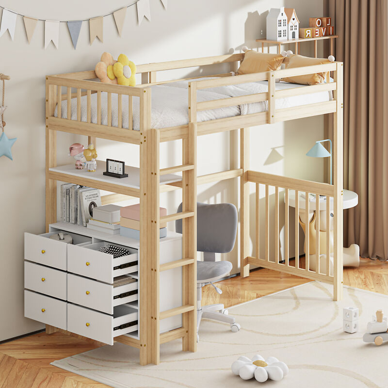 foto del prodotto letto a soppalco con scrivania, letto a soppalco 90x200 cm con 6 cassetti e ripiani, struttura letto in legno di pino, naturale e bianco