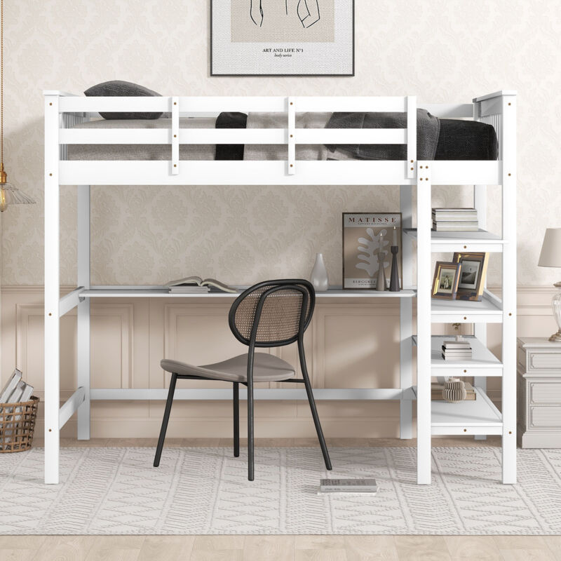 foto del prodotto letto a soppalco con scrivania, letto a soppalco per bambini 140x200 cm con contenitore, struttura letto in pino, bianco