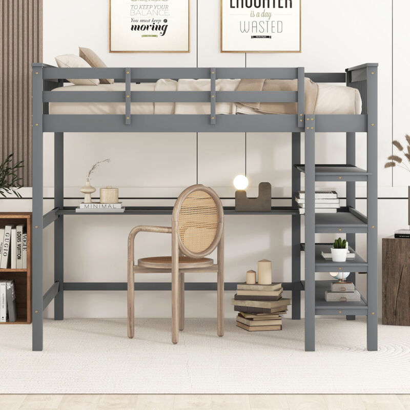 foto del prodotto letto a soppalco con scrivania, letto a soppalco per bambini 140x200 cm con contenitore, struttura letto in pino, grigio