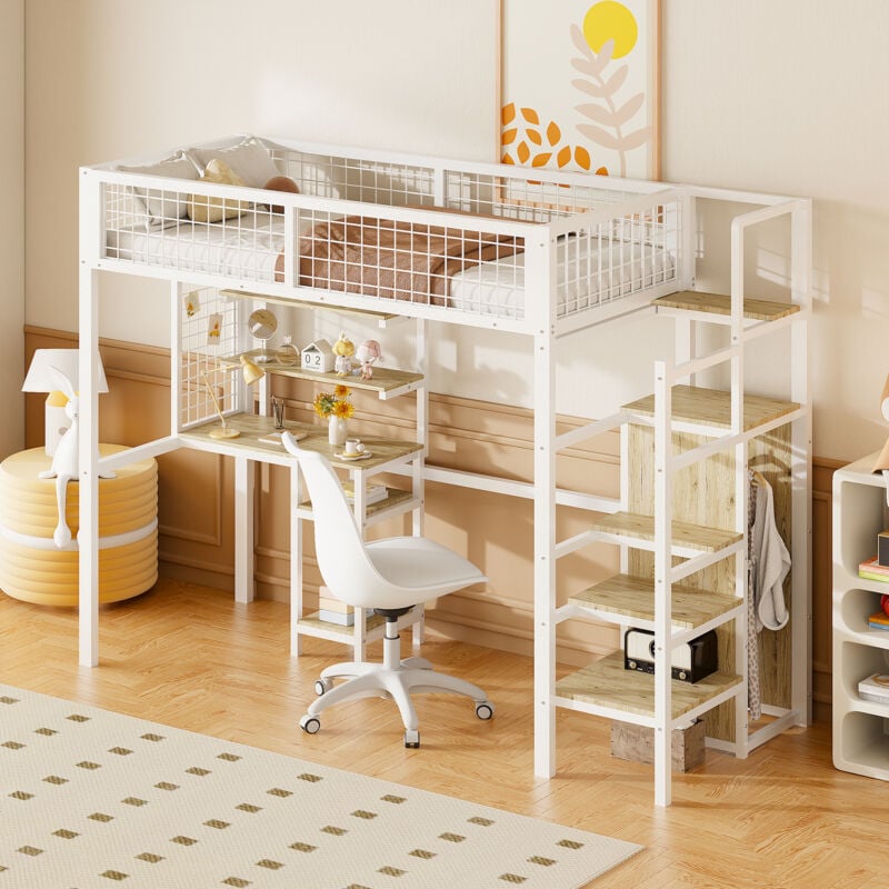foto del prodotto letto a soppalco con scrivania, letto a soppalco per bambini 90x200 cm con armadio e ripiani, struttura letto in metallo, bianco