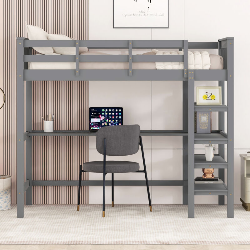 foto del prodotto letto a soppalco con scrivania, letto a soppalco per bambini 90x200 cm con contenitore, struttura letto in pino, grigio