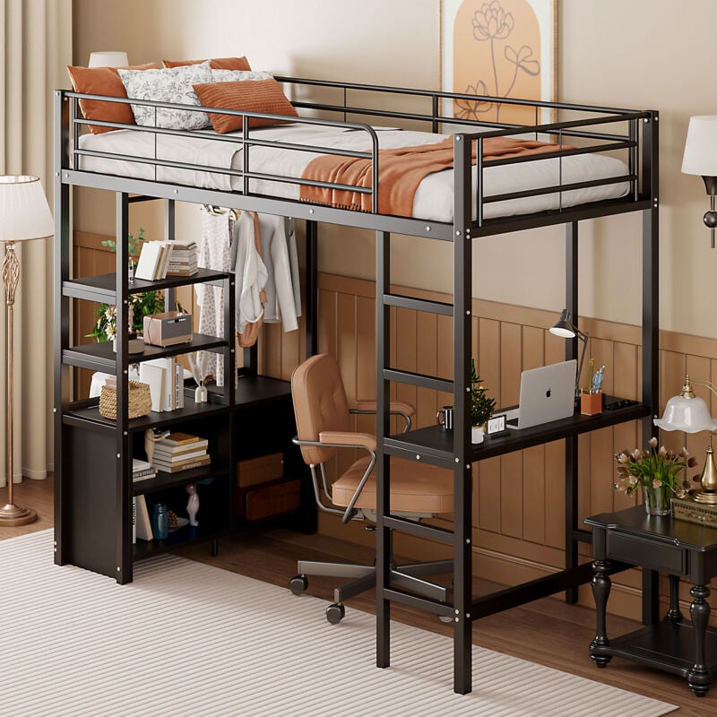 foto del prodotto letto a soppalco con scrivania, letto a soppalco per ragazzi, letto a soppalco 90x200 cm con presa e usb, armadio contenitore aperto, nero