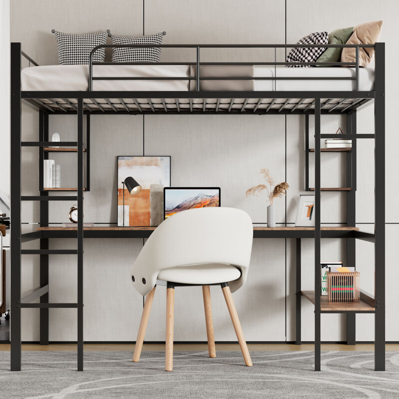 foto del prodotto letto a soppalco con scrivania, quattro piccoli ripiani e una grande libreria, nero, 90x200 cm