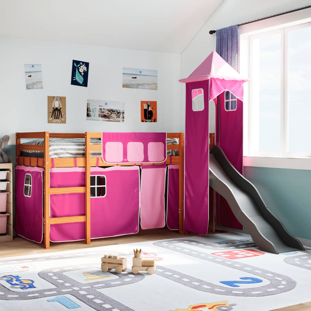 foto del prodotto letto a soppalco con torre bambini rosa 80x200cm massello pino