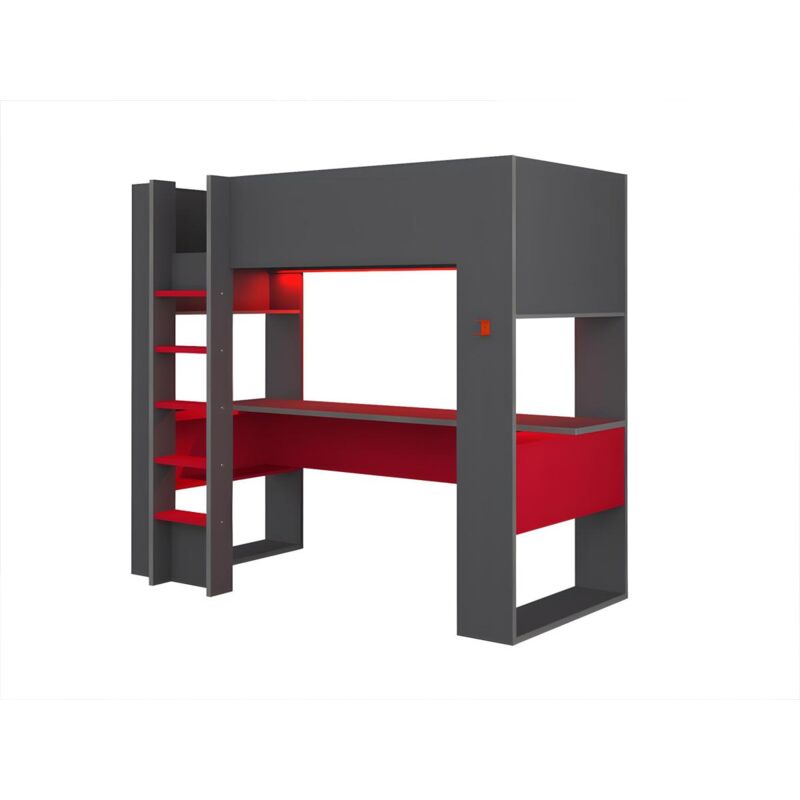 foto del prodotto letto a soppalco gamer scrivania con led e vani portaoggetti integrati 90 x 200 cm antracite e rosso noah