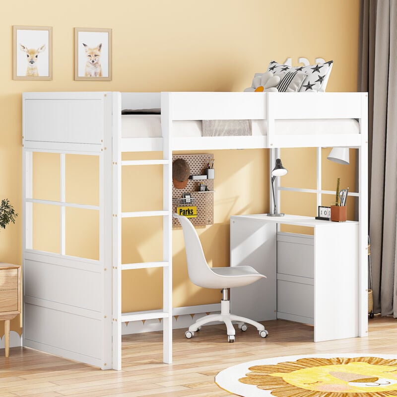 foto del prodotto letto a soppalco in legno 90200 cm, scala di sicurezza, con tavolo, design con recinzione alta, letto singolo, lettino per bambini, bianco